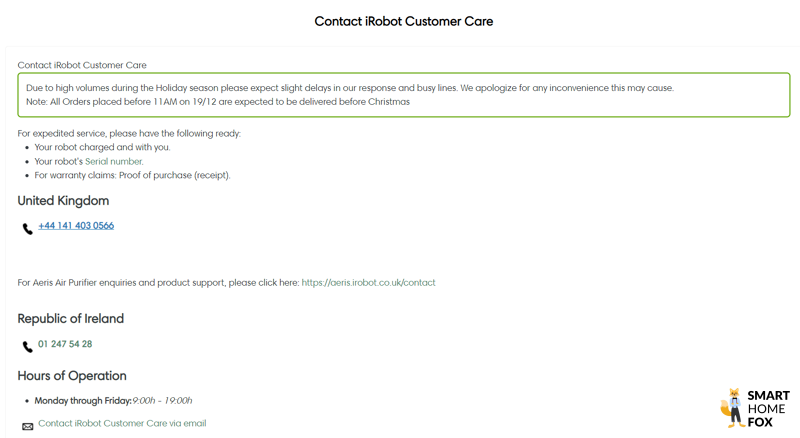 IRobot customer service contact details.